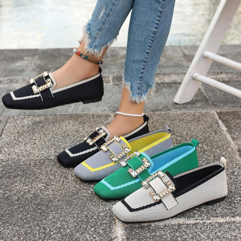 Fashion Women's Flats Square Toe Knitted Flat Breathable Fashion Loafers Slip on Lightweight Sneakers Women Luxury Designer Shoes