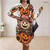 Women Plus Size V Neck Long Sleeve Halloween Sloth Printed Loose Curved Hem Dress