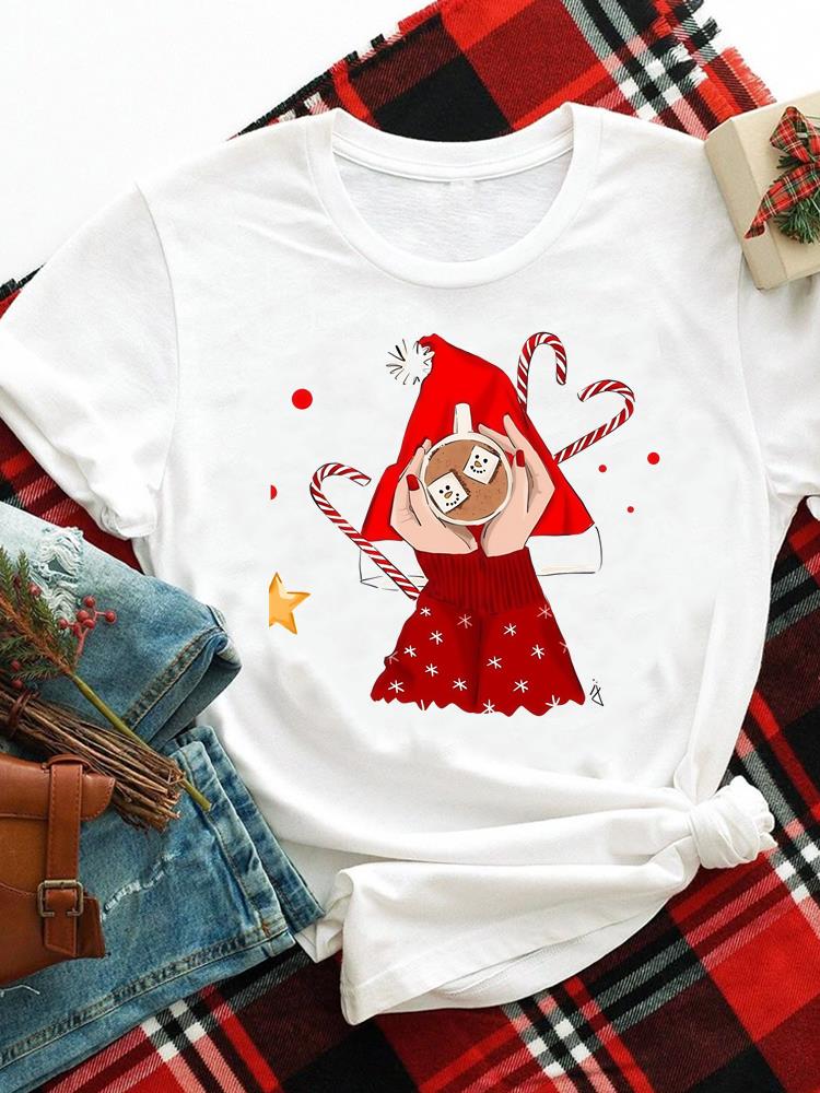 (Asian Size) merry Christmas new year o-neck Women's Top T Clothing Print lovely trend cute Short Sleeve T-shirts Fashion holiday Graphic Tee