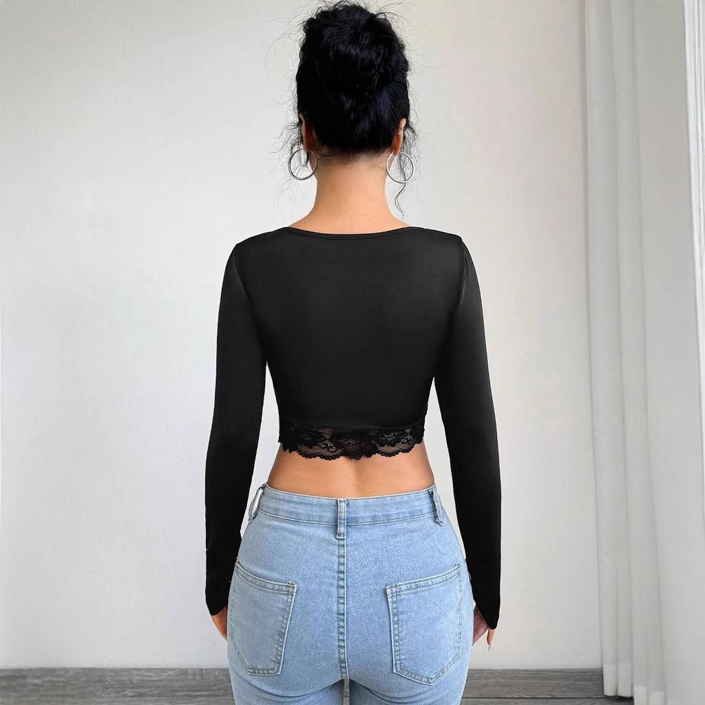 Women's Deep V-neck Long-sleeved Lace Patchwork Ruffled Short Section T-shirt Tops for Women Versatile Closet Essential Fashion Items Shirt