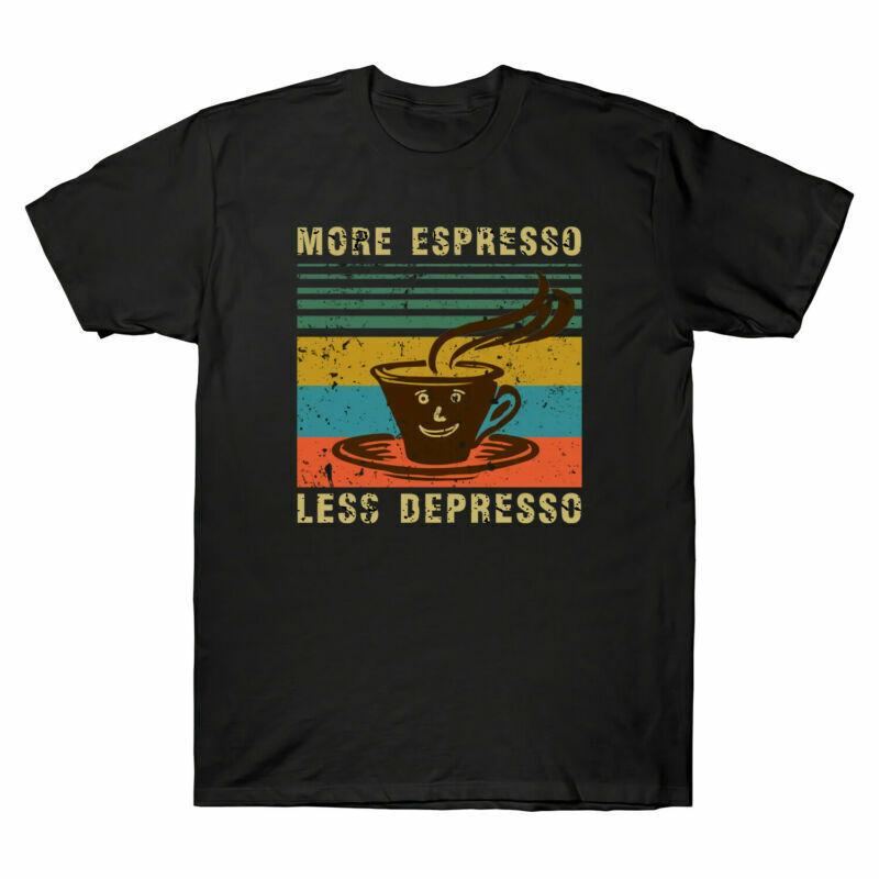 More Espresso Less Depresso Funny Coffee Pattern Retro Tee Men s Cotton T-Shirt S