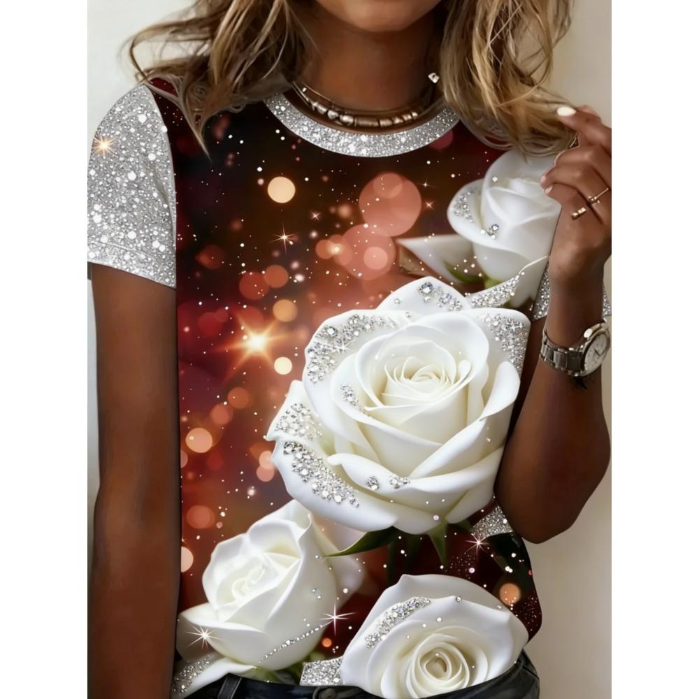 Damer Sommar Blommor Enkel Rosmönstrad Stor Lös Casual T-shirt Trendig Bekväm Mjuk Andningsbar Kortärmad T-shirt