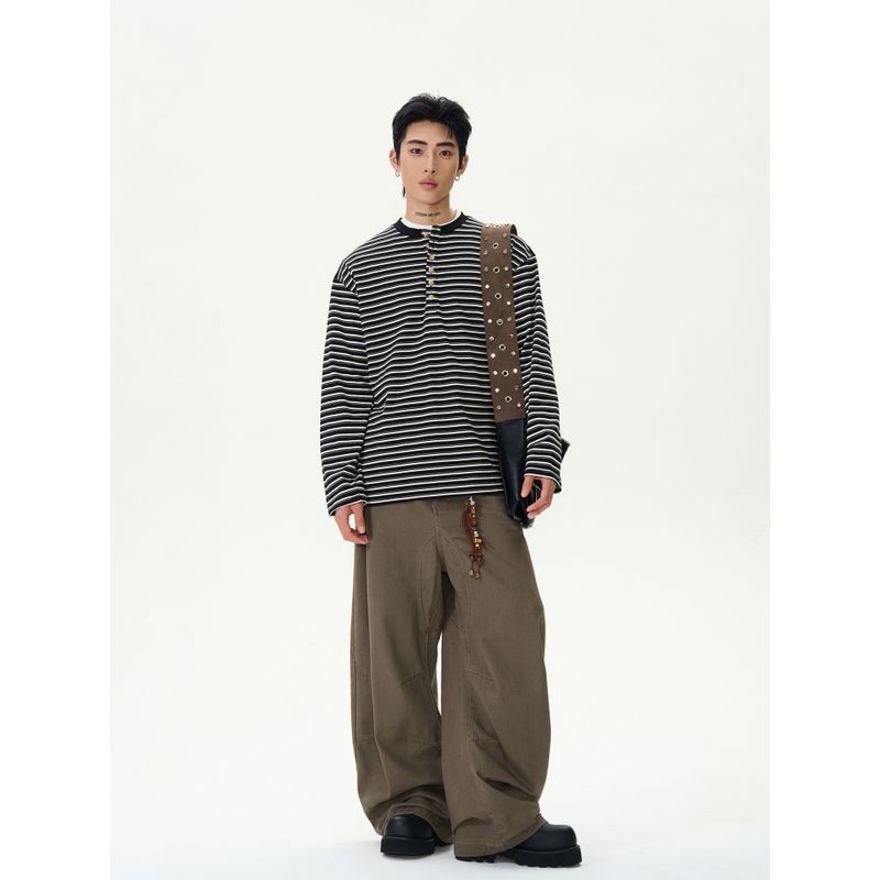 Kisko American Retro Classic Striped Henry Collar Long-Sleeve T-Shirt for Men and Women, Simple Casual Lazy Base Shirt Top