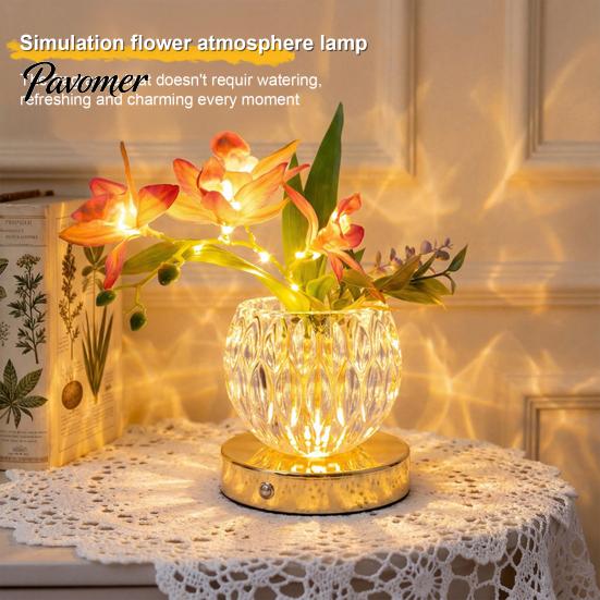 Elegantes Geschenk für Frauen Blumige Tischlampe, 3-farbige Orchideen-Nachtlicht, Wiederaufladbar Kabellos Touch-Dimmbar Künstliche Steuerung Nachttischlampe LED