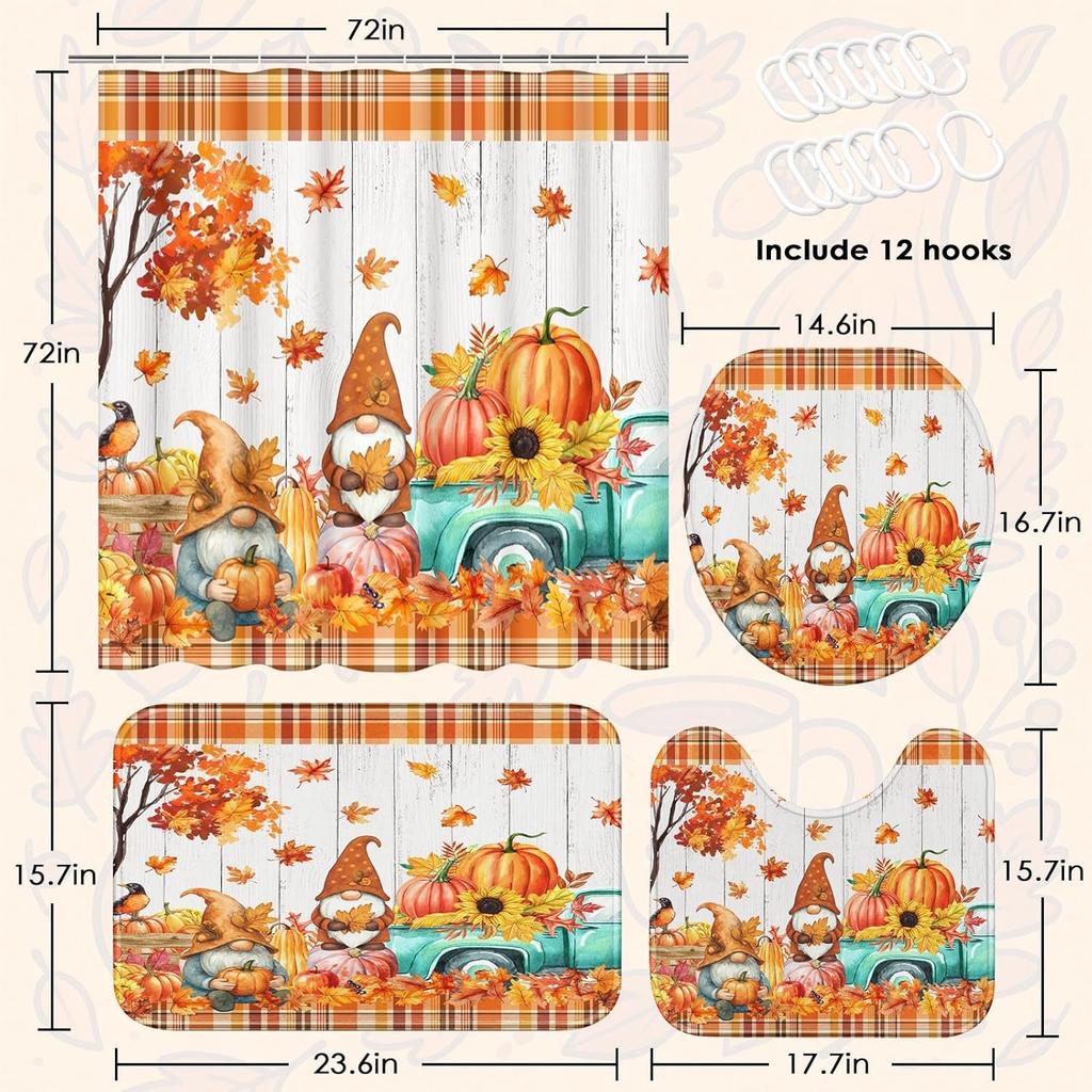 Arttown Fall Shower Curtain Set With Toilet Lid Cover And Non-Slip Rugs, Gnomes Autumn Pumpkins Teal Truck Thanksgiving Harvest