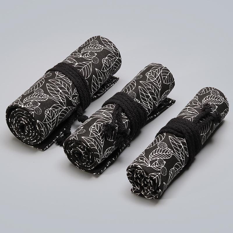 Large Capacity Roll-Up Canvas Pencil Case - Black Leaf, 12-72 Slots for Colored Pencils and Sketching Supplies