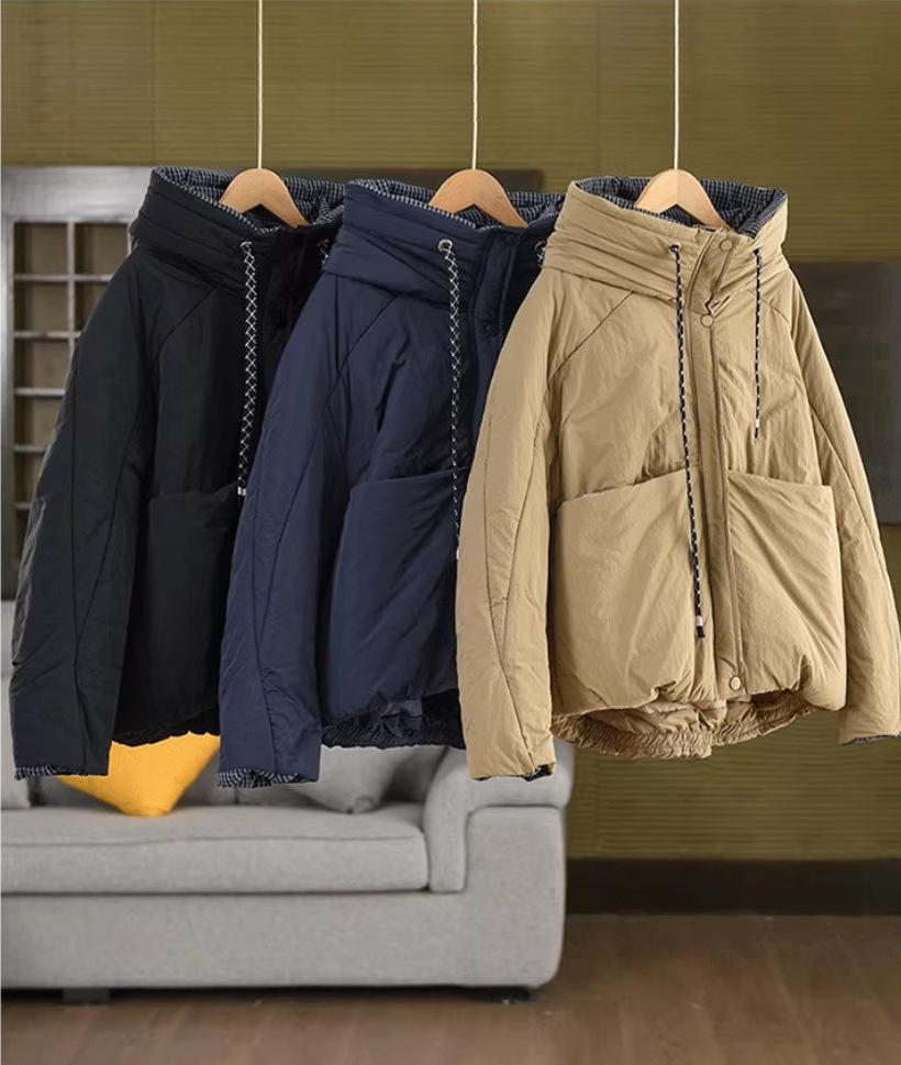 Korean Style Quilted Hooded Jacket with Plaid Lining and Large Pockets – Warm Cotton Bread Coat