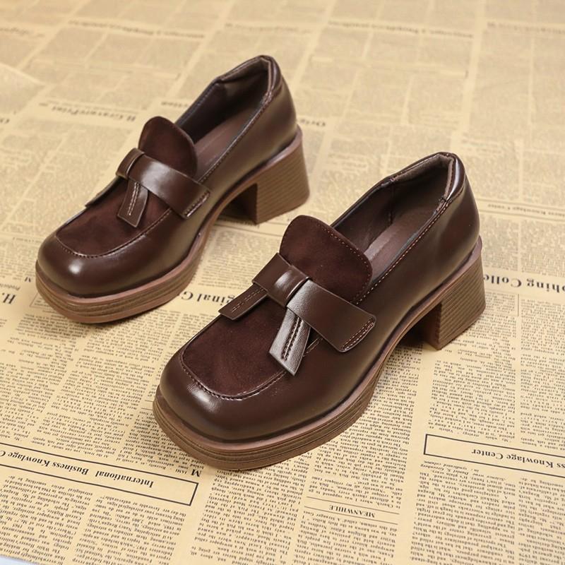 Women's Bow Single Shoes Autumn New Round Toe Deep Mouth Platform Non-slip Wear-resistant Block Heel Shoes