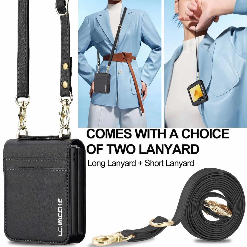 Long Strap Crossbody Leather Case for Samsung Galaxy Z Flip 6 ZFlip 5 4 3 Dual Card Holder Wallet Shockproof Cover with Lanyard