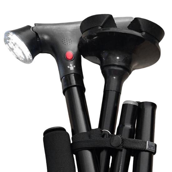 Yousheng Gehstock aus Aluminiumlegierung mit Licht, Alarm, höhenverstellbar, rutschfest, leicht, Doppelgriff, faltbar, Outdoor-Trekkingstock, Gehen