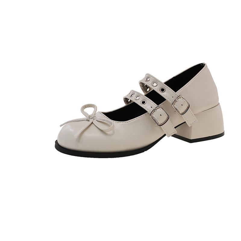 

White bow Mary Jane small leather shoes women s 2025 summer new French with skirt single shoes thick heel high heels 35
