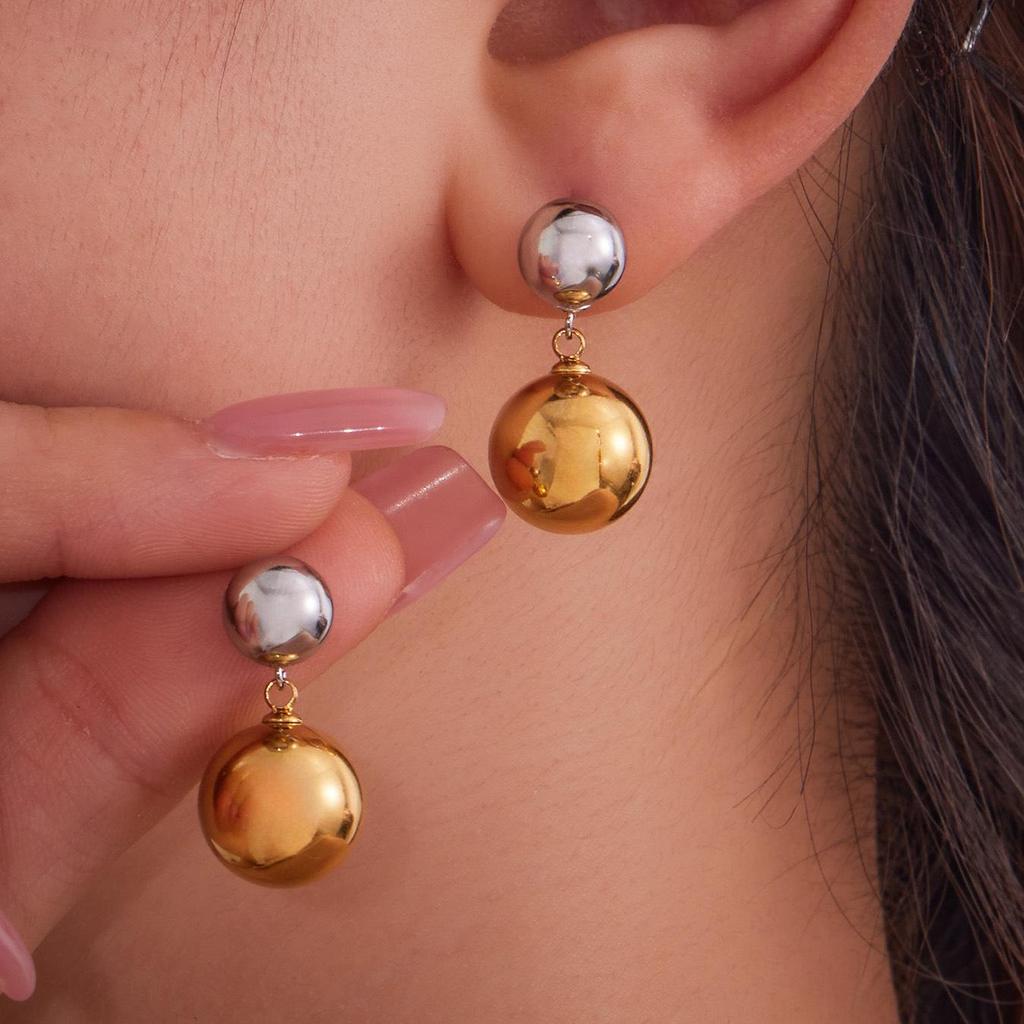 Oumaijia 18k Gold-Plated Stainless Steel Earrings with Hollow Design and Steel Ball Accents