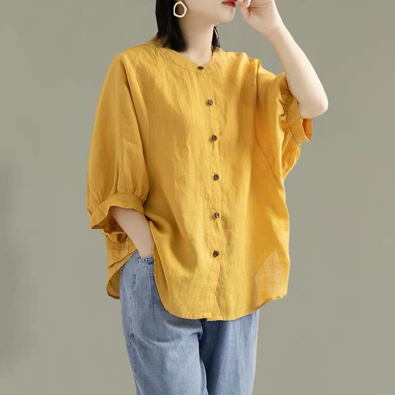 Women's Retro Cotton Linen Lantern Sleeve Blouse: Summer Mid-Sleeve, Loose Fit, Plus Size