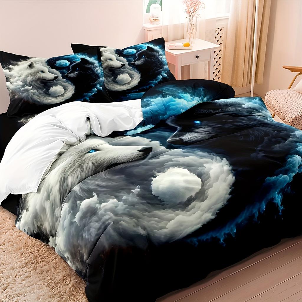 3Pcs Yin Yang Double-Headed Wolf Duvet Cover Set 1*Duvet Cover, 2*Pillowcases, Core Not Included, Yin Yang Double-Headed Wolf