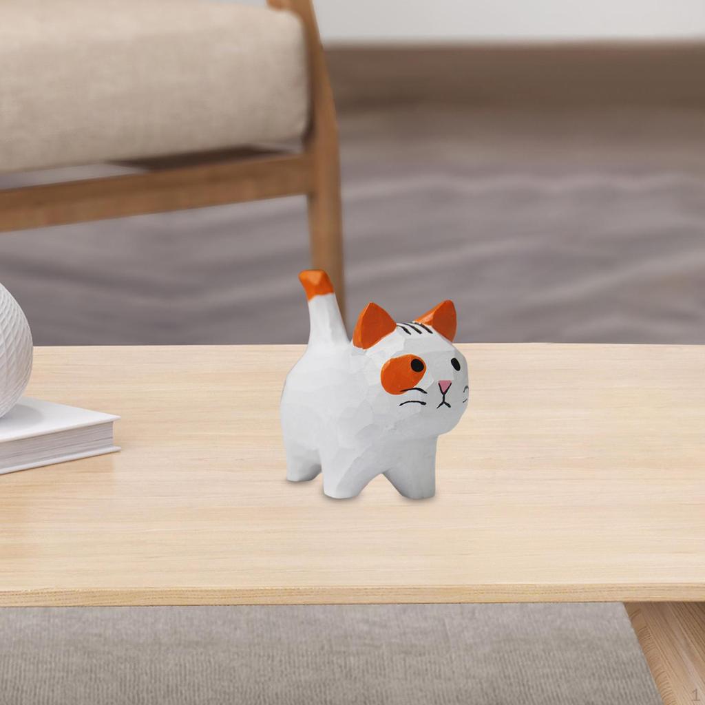 Uroczy Drewniany Rzeźbiony Kot Dekoracja Mały Prezent Ręcznie Robiona Statua DIY do Kolekcji Sztuki Terrarium