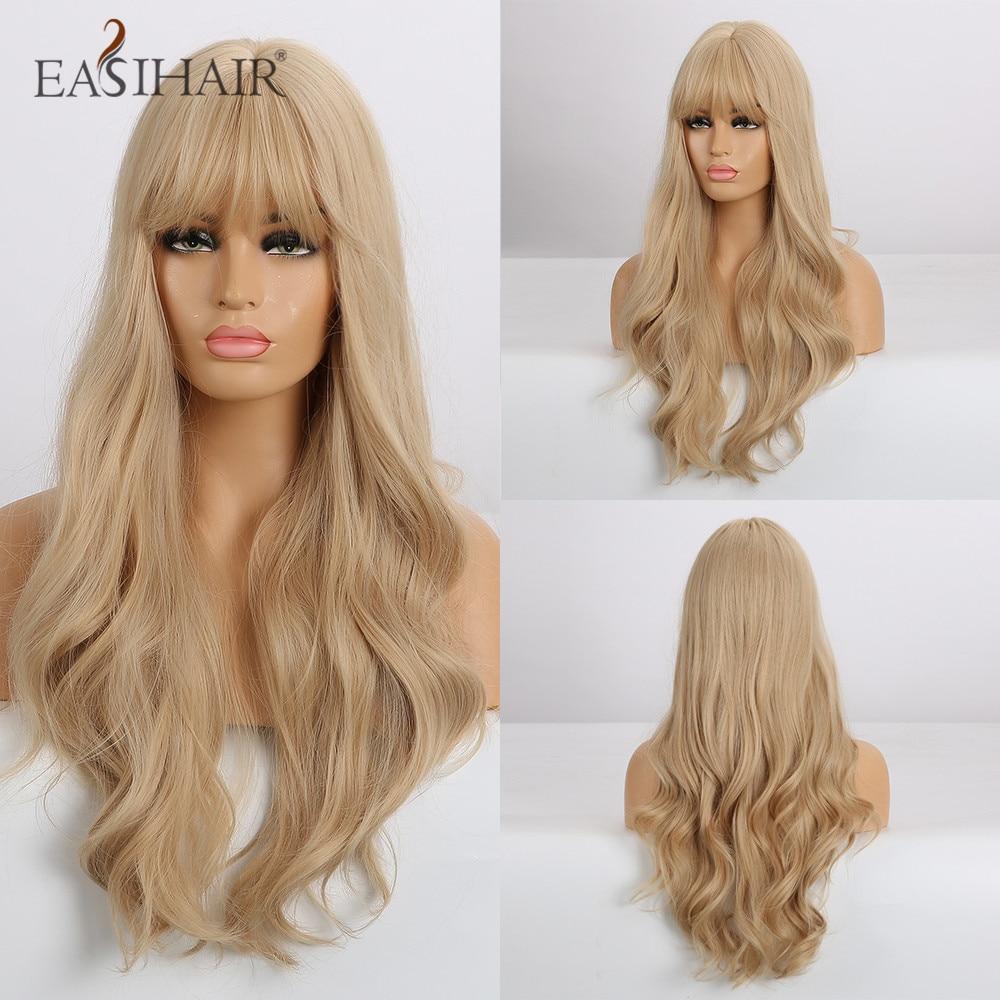 EASIHAIR Long Golden Blonde Ombre Wavy Synthetic Wigs for Women Cute Natural Hair Wigs with Bangs Heat Resistant Wigs Cosplay