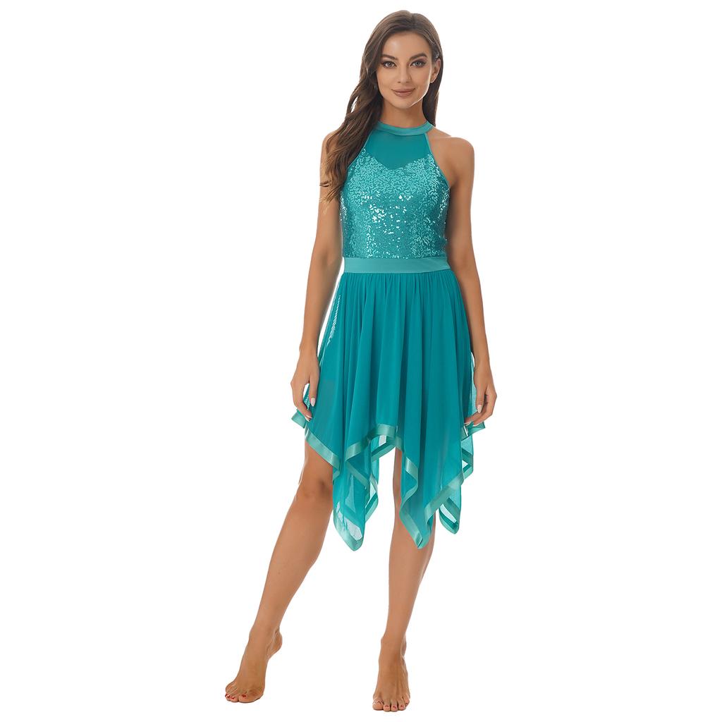 Bayan Parlak Payetler Patchwork Elbise Halter Backless Asimetrik Hem Örgü Elbiseler Dans Performansı Kostüm