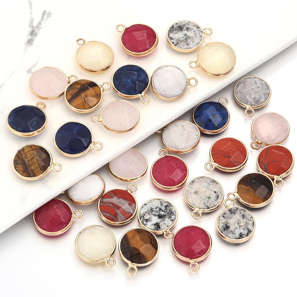 2Pcs Natural Stone Charms Round Crystal Lapis Lazuli Tiger Eye Pendant Beads for DIY Necklace Earring Jewelry Making Accessories
