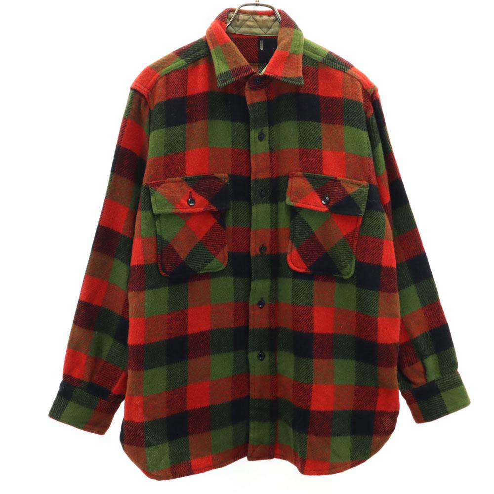 VINTAGE 50s 60s Gusseted wool blend Check Pattern Long sleeve Wool shirt Men's Used