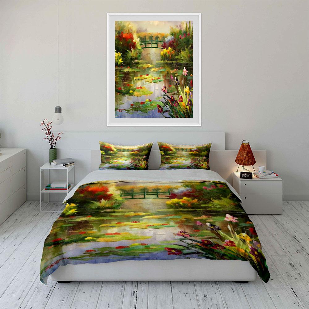 Ruhige Gartenbrücke Kunst-Set Schlafzimmer-Dekoration für Kinder und Erwachsene, Exquisites Dreiteiliges Bettwäsche-Set Geschenk