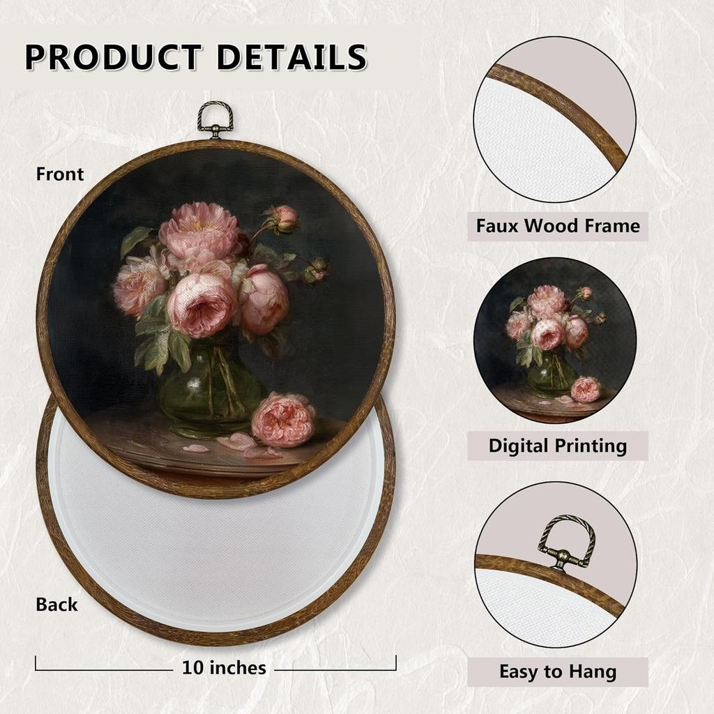 Qskjre Dark Moody Peony Floral Wall Art Decor, Vintage Cottagecore Pink Peonies Flower Round Wood Framed Canvas Wall Artwork, Shabby Chic Hanging