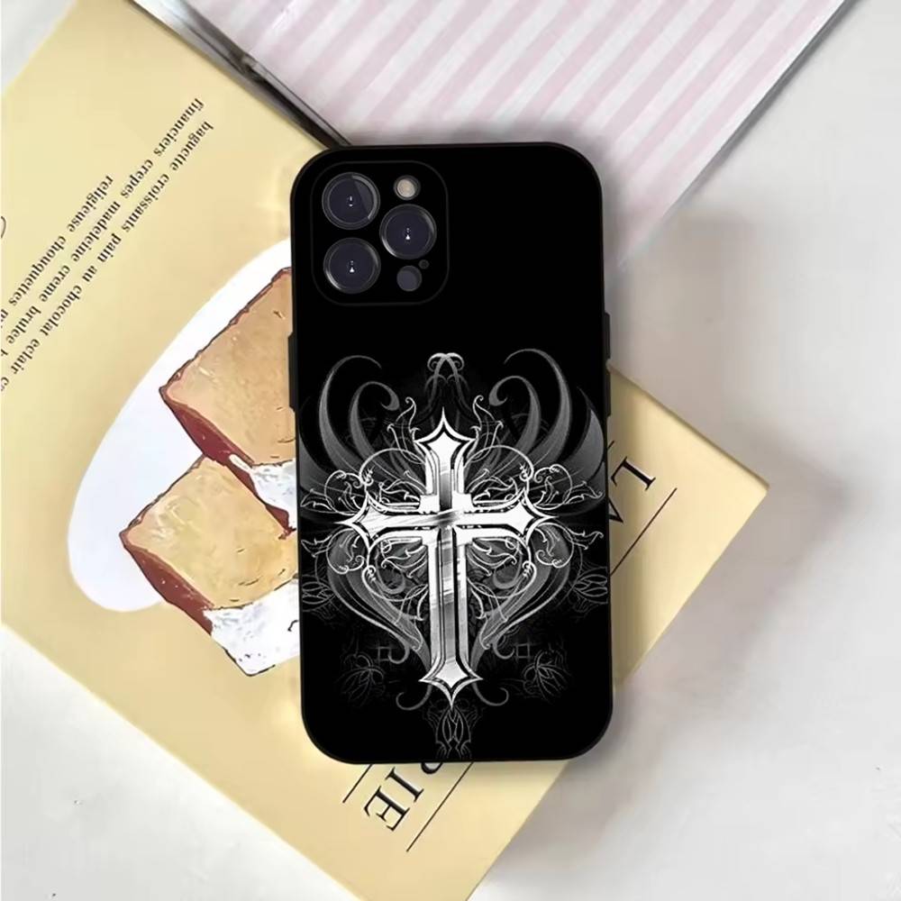 Gothic Cross Skull Y2K Phone Case For iPhone 6,17,16,15,14,13,12,11 Plus,Pro Max,XS,X,XR,SE,Mini,8,7,Soft Silicone Black Cover