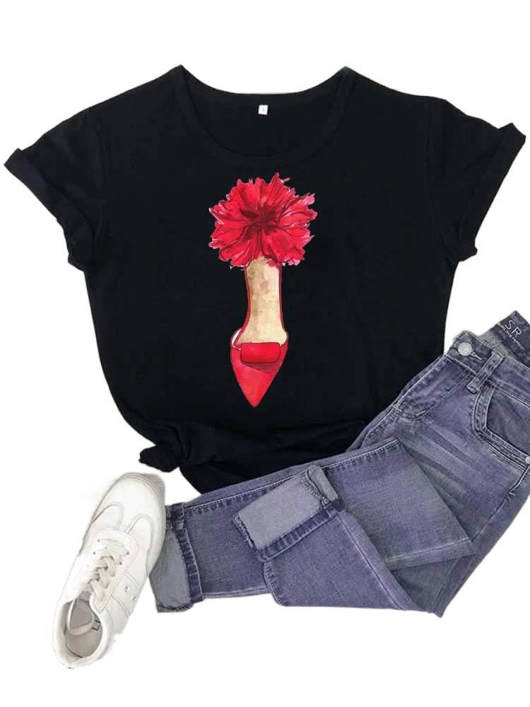 Modisches bedrucktes High-Heel-T-Shirt für Damen Modisches weißes Kurzarm-T-Shirt mit Schleifendesign Lässiges Home-Top für Mädchen