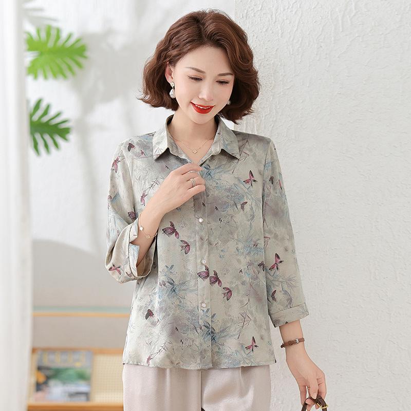 

2026 Chic Printed Shirt for Moms: Loose, Nine-Point Sleeve, Spring/Autumn Fashion for Middle-Aged and Elderly Women 4XL (recommended 135-150 jin) синій