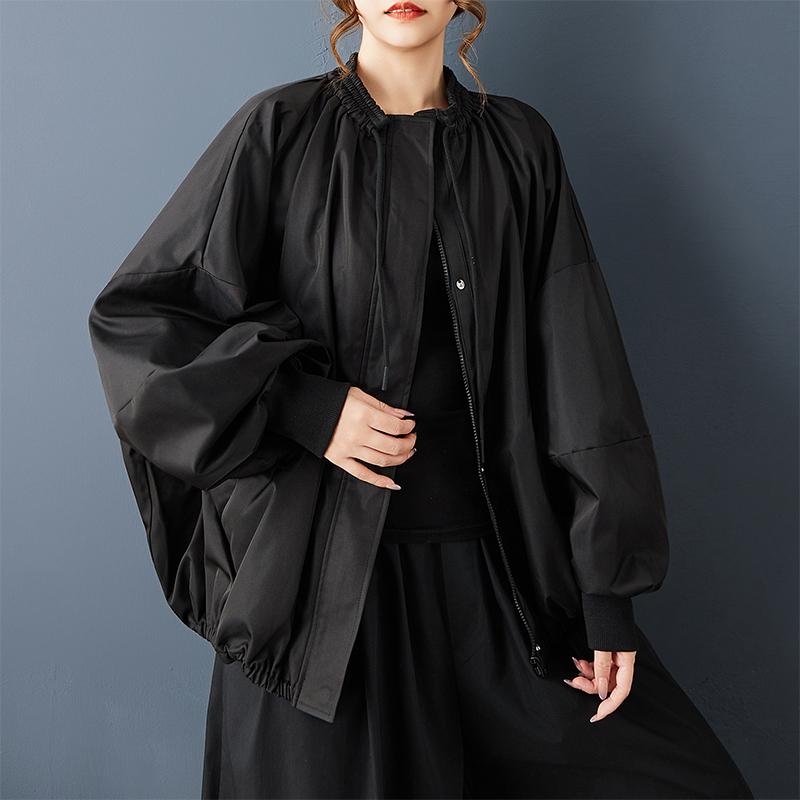 DIMANAF Plus Size Autumn Winter Women Coat Long Sleeve Jackets Casual Loose Outerwear Black Zipper Trench Coat