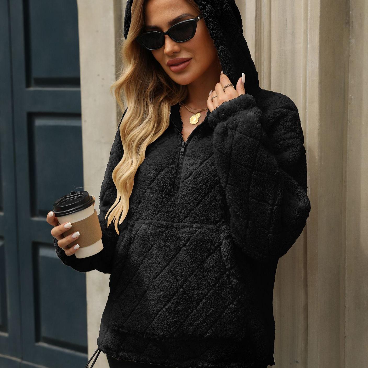 

Женская свободная флисовая толстовка с капюшоном на полумолнии, зимний пуловер из шерпы, толстовки с длинными рукавами и карманами, удобная теплая верхняя одежда для женщин S чёрный