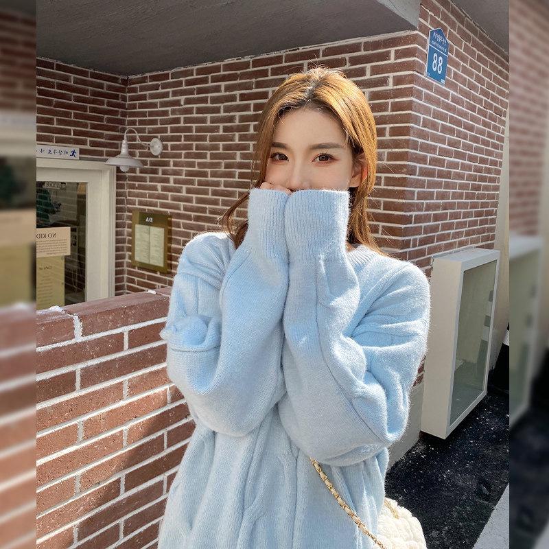 Damen Weicher Blauer Fufu Pullover: Lockerer, wachsartiger Strickpullover für Herbst und Winter