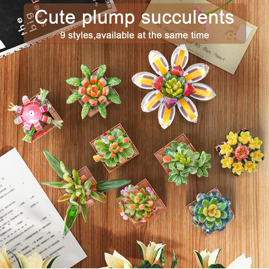 9 Sukkulenten Pflanzen Bauset, 913 Teile Blumen Botanische Sammlung Bonsai Künstliche Pflanze Set Bausteine Spielzeug für Zuhause