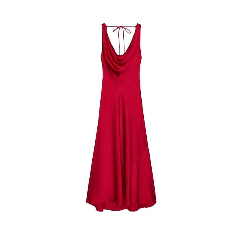 

Summer New Women clothes Draped V-neck A- line Asymmetric Hem Silk Satin Texture Dress 2590987 Red L