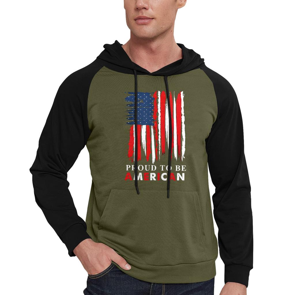 Men's Casual Hooded Drawstring Long Flag Print Sweatshirt With Pockets