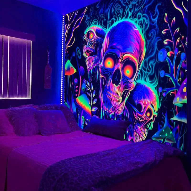 1pc Skeleton flower fluorescent tapestry, UV tapestry, plant mushroom tapestry, bedroom aesthetic decoration wall hanging