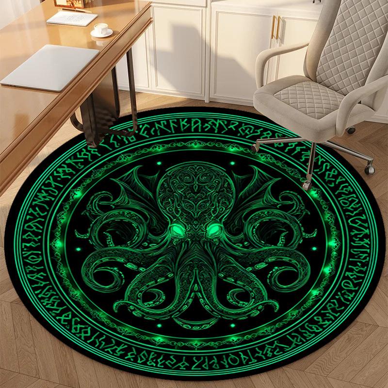 Green Octopus Symbol Round Rug Flannel Printed Carpet Dark Theme Home Decor Cozy Soft Floor Mat Living Room Indoor Use