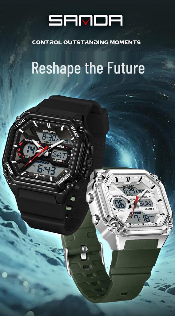 Sanda Men's Multifunctional Waterproof Electronic Watch - Trendy Timer with Dual Display & Three-Time Zone Outdoor Alarm.