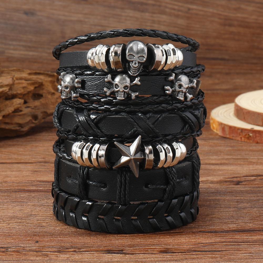 Foreign Trade Direct Supply Multi-color Alloy Skull Woven Leather Jewelry Men's Multi-layer Hand-woven Bracelet