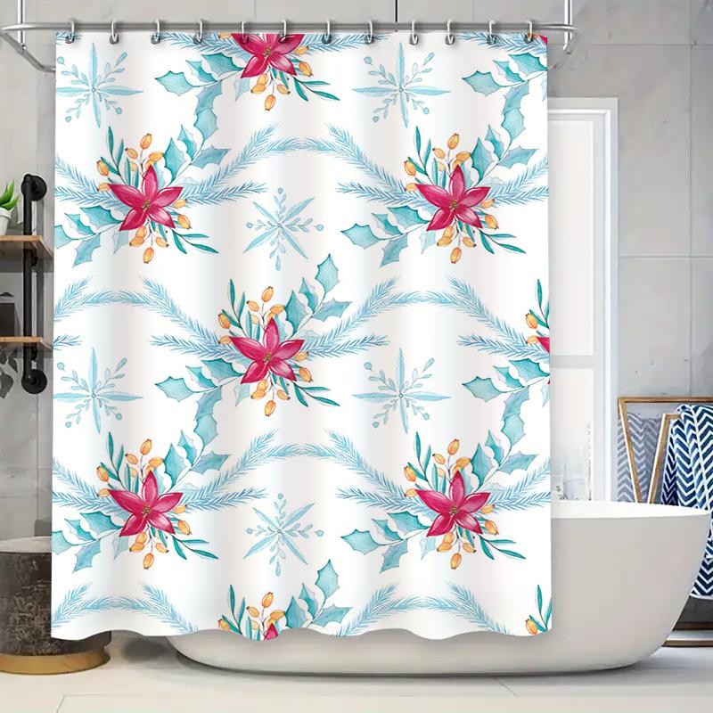 

Watercolor Floral Shower Curtain White Background With Pink Flowers Blue Holly Leaves For Bathroom Decorations Rectangular Size W60H190(CM)-1 Pcs