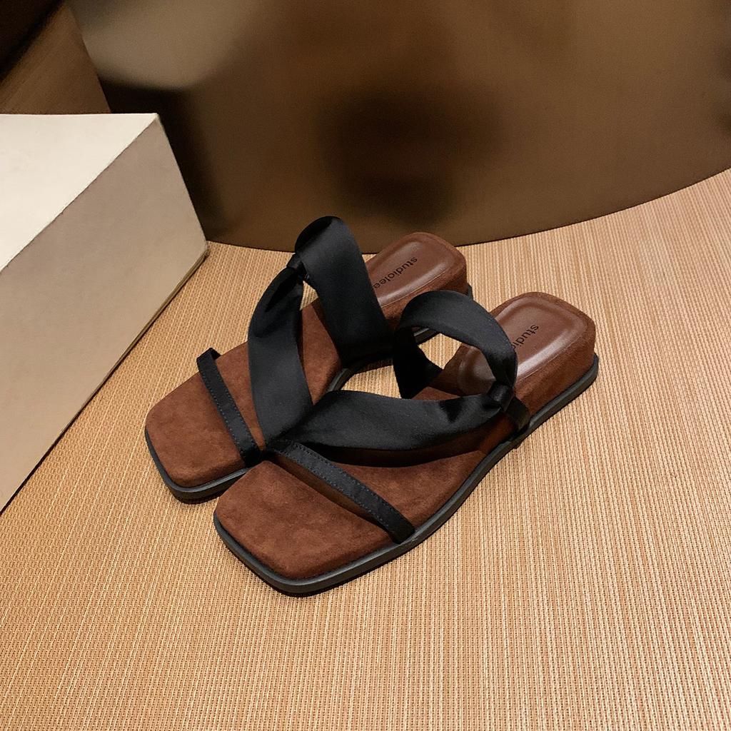 Sheepskin Version of Genuine Leather Two Wear French Wedge Heel Retro One-word Slippers Women's Summer Wear Temperament High Heels Cool Slippers
