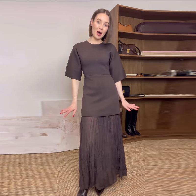 Elegant Knit Spliced Long Dress Women Fashion O-neck Half Sleeve Pleated Party Dresses 2025 Spring Summer Lady Commute Robes