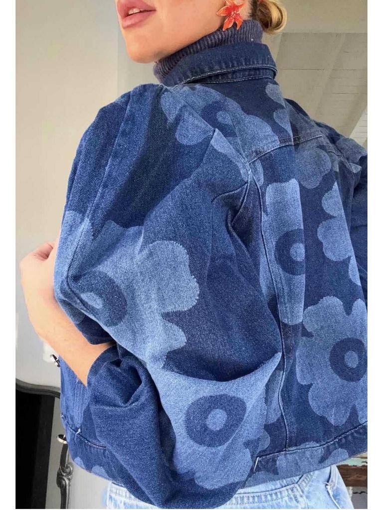 Women's Vintage Floral Denim Jacket - Turn-down Collar, Autumn/Winter Streetwear