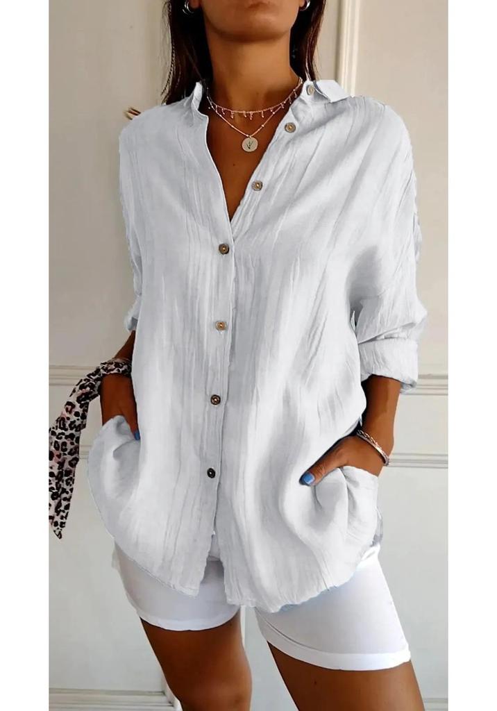 2024 Women's Solid Color Pleated Lapel Shirt - European & American Style, Single-Breasted Roll-Up Sleeve Top