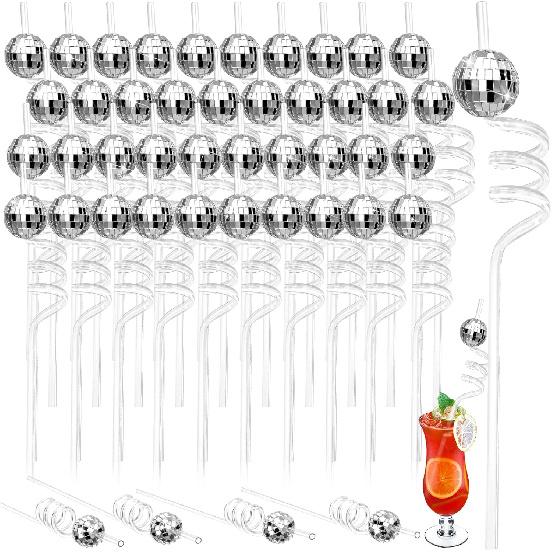 40 Pieces 70s Disco Ball Straws 70s Birthday Party Decorations Glitter Mirror Silver Ball Straws Disco Themed Decorative Supplies for 1970s Fever