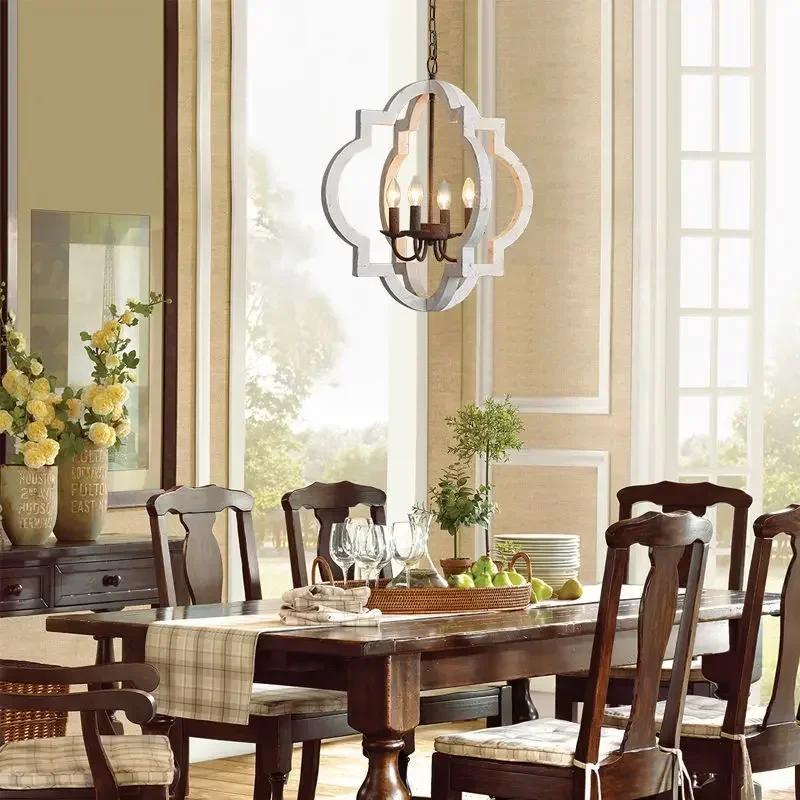Rustic Farmhouse Metal Chandelier Lighting Distressed Wood Ceiling Light Fixture Kitchen Entryway Foyer -4 Lights