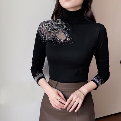 Jesień Zima Damski Golf Czarny Dżet Ażurowy T-shirt Elegancki Długi Rękaw Wyszczuplający Damski Top Zapinany na Guziki