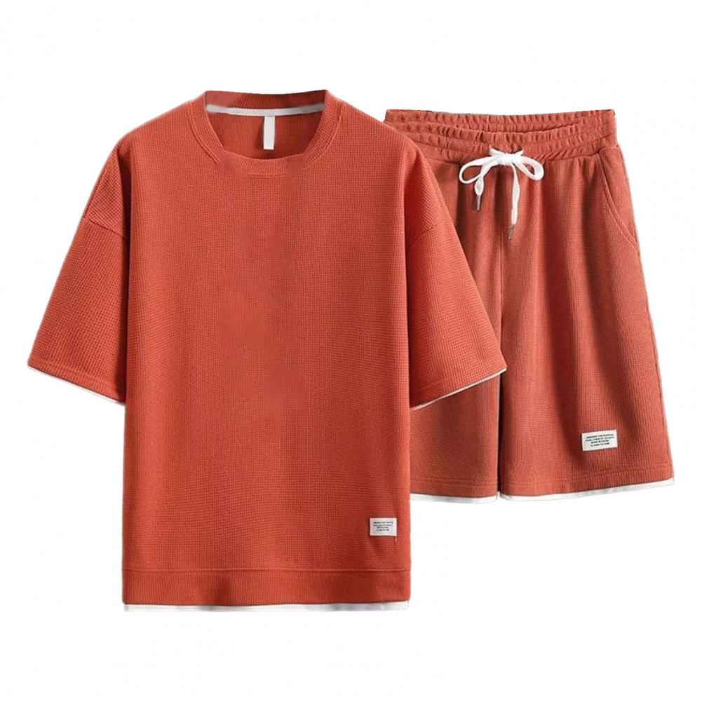 2-teiliges/Set Herren Sommer Sportanzug O-Ausschnitt Kurzarm T-Shirt Elastische Taille Verstellbarer Kordelzug Weitbein-Shorts Set Waffeltextur
