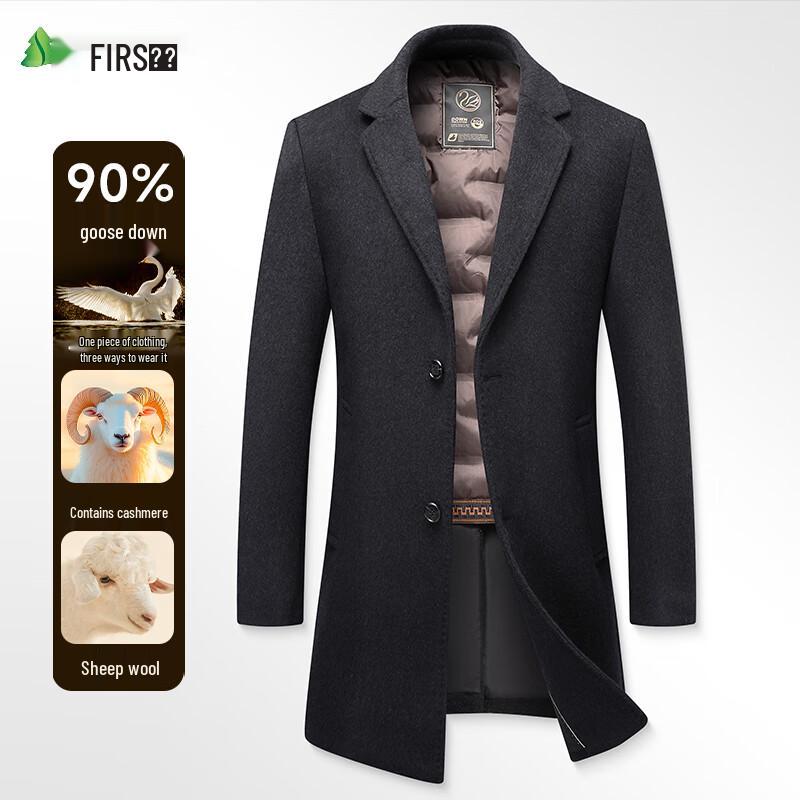 Shanshan Men's Cashmere Wool Blend Trench Coat with Detachable 90% Goose Down Liner