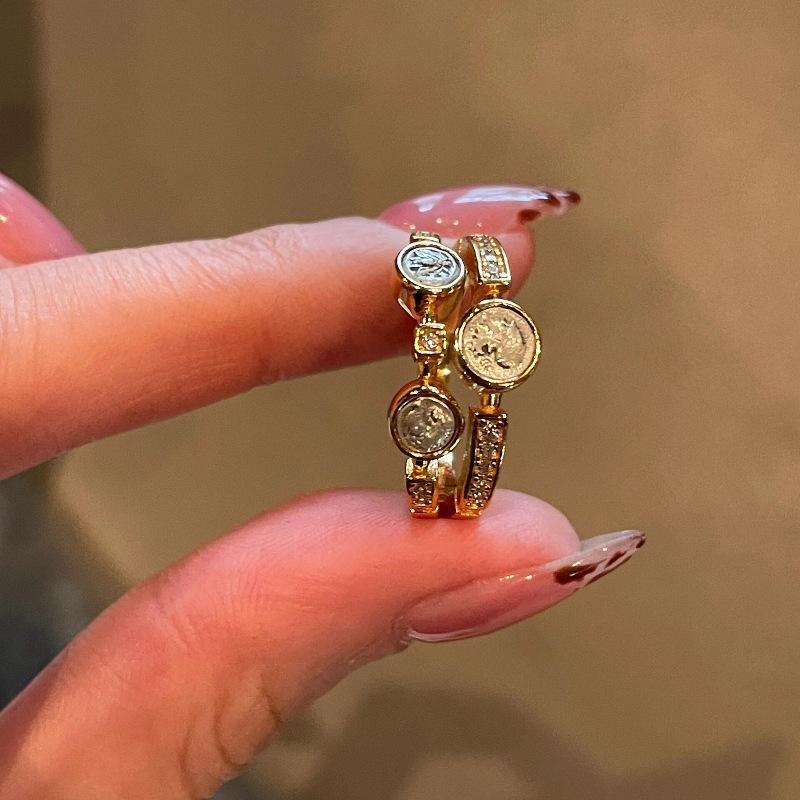 Vintage Antique Double-Layer Athena Three Ancient Coin Ring, High-End Niche Personality Design, Retro Index Finger Ring