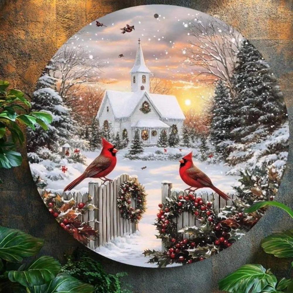 Vintage Cardinal Winter Church Metal Wall Art Snowy Scene Red Birds Holly Christmas Gift
